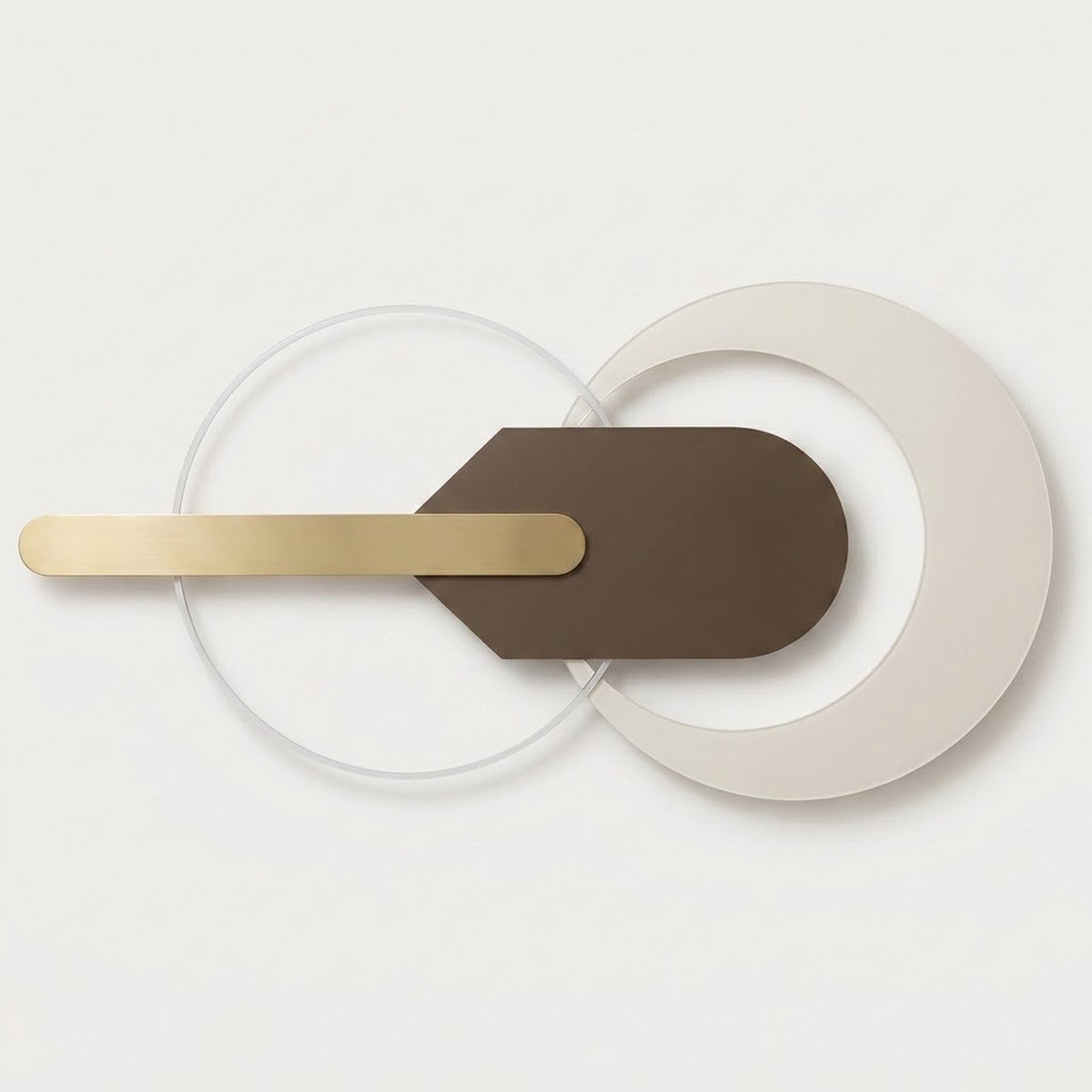 Modern wall-mounted light fixture with a matte brown geometric central plate, a brushed gold horizontal bar, and overlapping translucent and off-white circular rings on a clean white background.