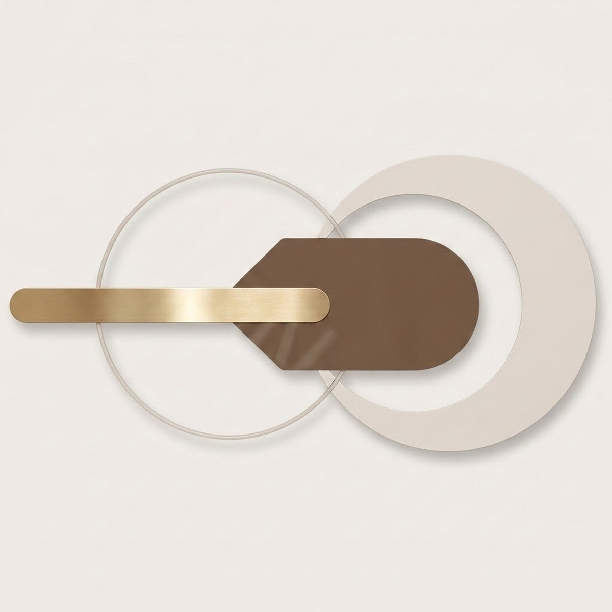 Abstract geometric wall art featuring a horizontal brushed gold bar, a brown rounded rectangle, and overlapping translucent white circular rings on a light beige background.