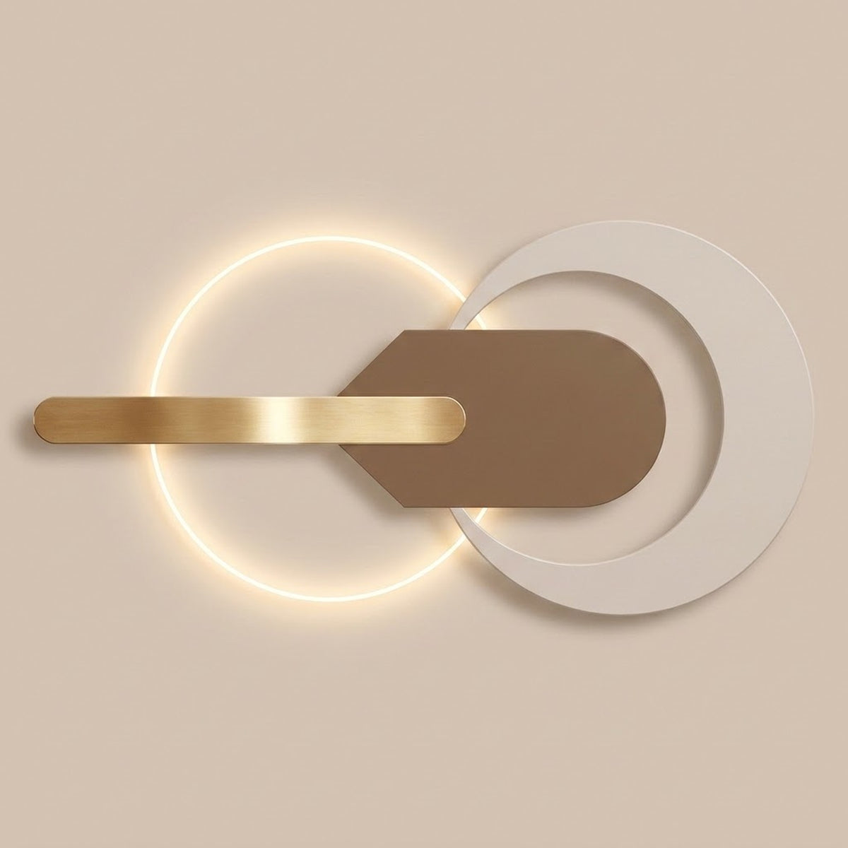 Wall light with overlapping white and illuminated circular forms, a taupe central plate, and a gold-tone horizontal bar against a beige background.