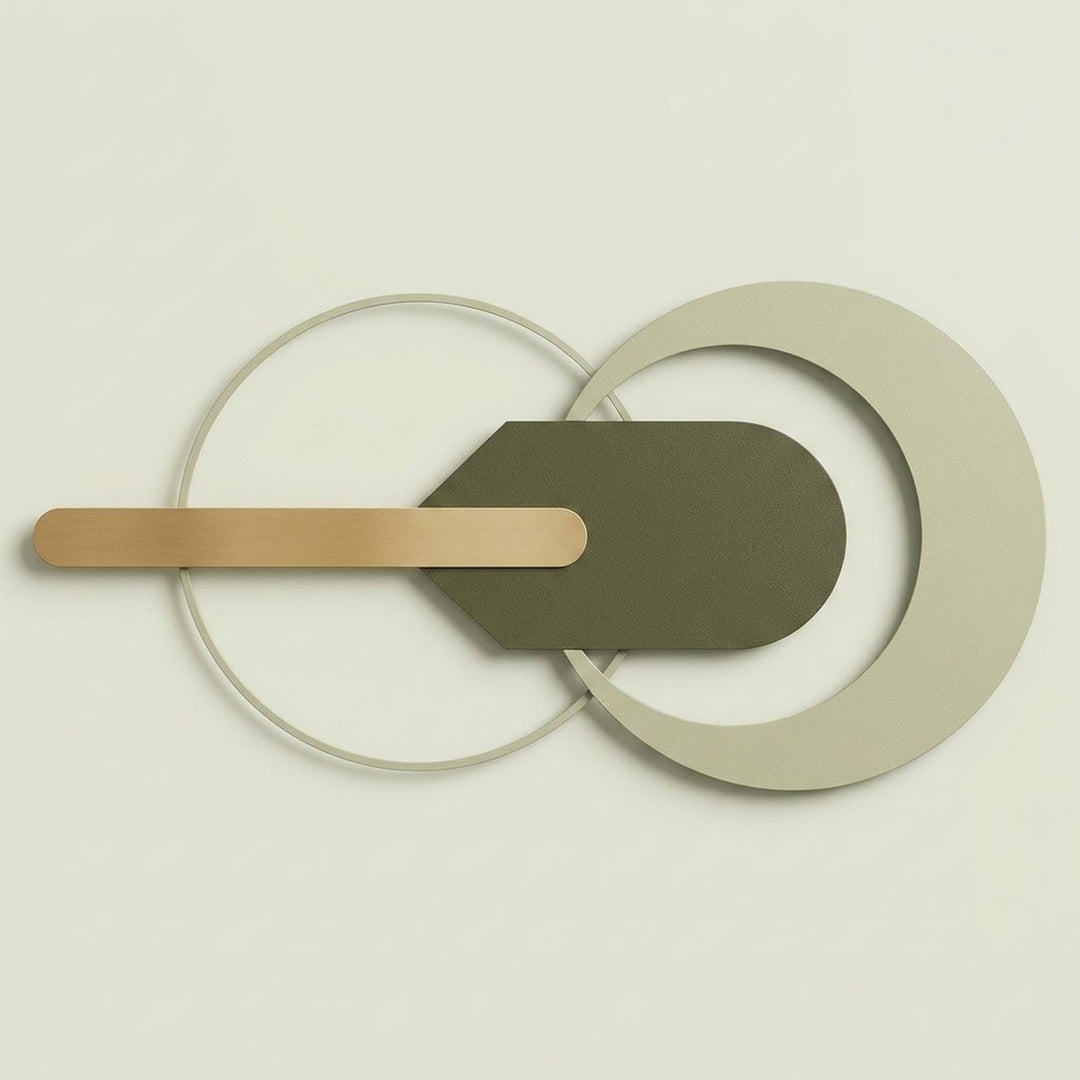 Abstract geometric wall art featuring overlapping circular and curved shapes in muted sage green, warm beige, and light wood tones against a pale cream background.