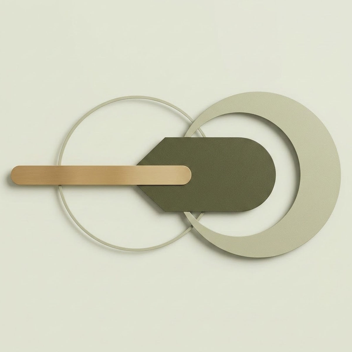 Abstract geometric wall art featuring overlapping circular and curved shapes in muted sage green, warm beige, and light wood tones against a pale cream background.