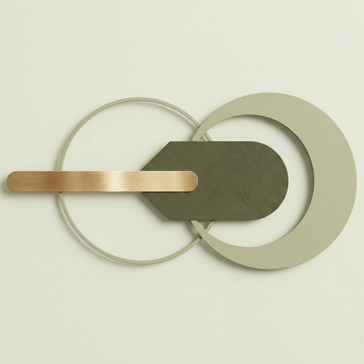 Modern wall-mounted light fixture with overlapping circular and curved metal elements in matte gray, olive green, and brushed gold, shown against a plain off-white wall.