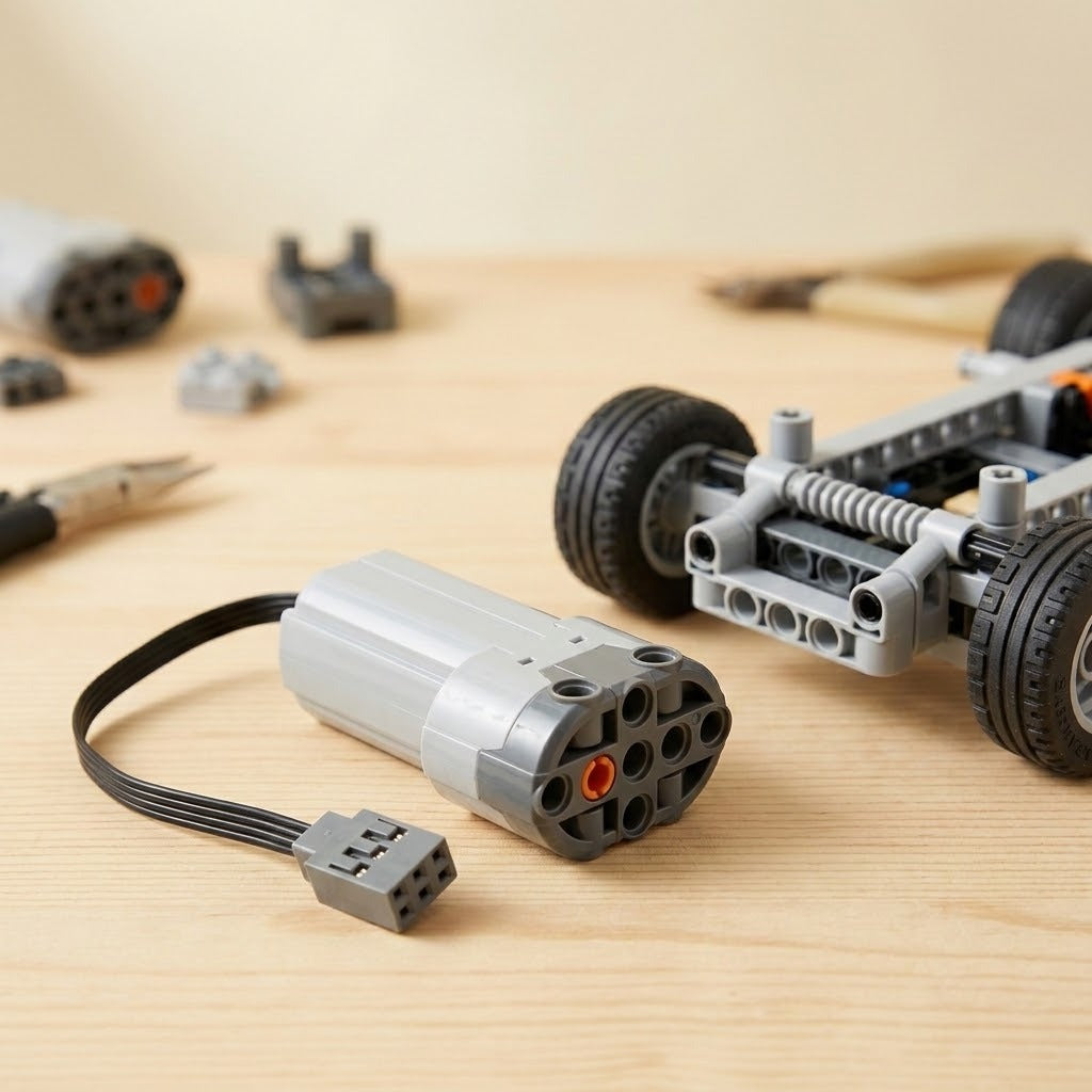 A grey building block motor component with black cable and connector rests on a wooden workbench beside a partially assembled wheeled chassis.
