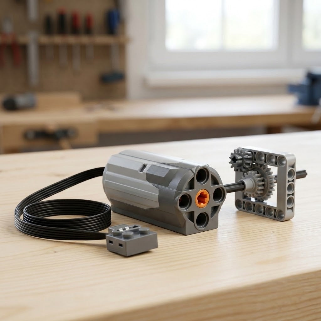 A grey building block motor component with coiled black cable sits beside a gear assembly on a light wooden workbench.