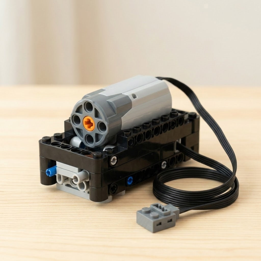 A gray building block motor component with an orange axle socket sits in a black frame on a light wood tabletop.