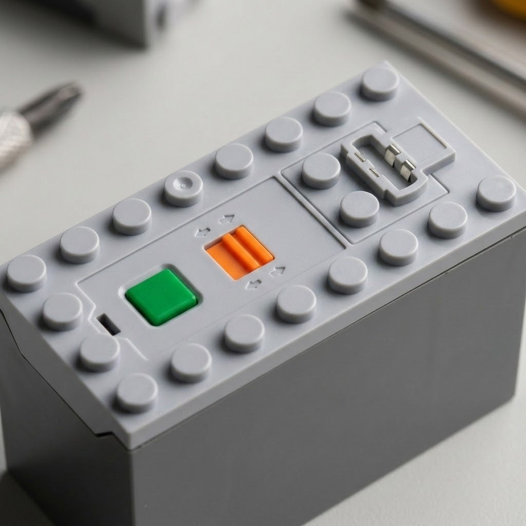 A gray building block battery component has a studded top, green button, orange switch, and connector contacts on a pale work surface.
