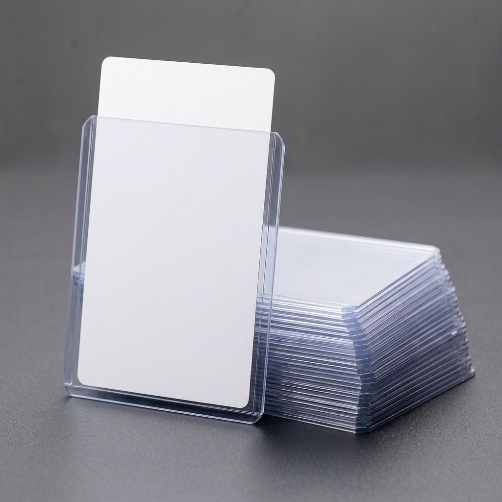 A clear plastic card sleeve holding blank white cards, with a stack of similar sleeves and cards on a dark gray surface.