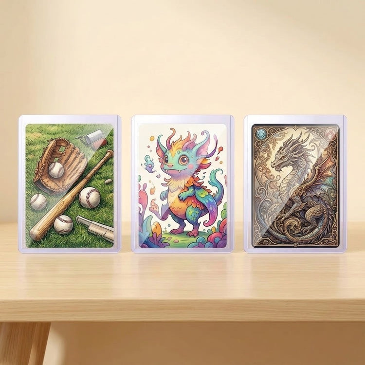 Three transparent hard card sleeves hold illustrated sports and fantasy cards upright on a wooden surface against a beige background.