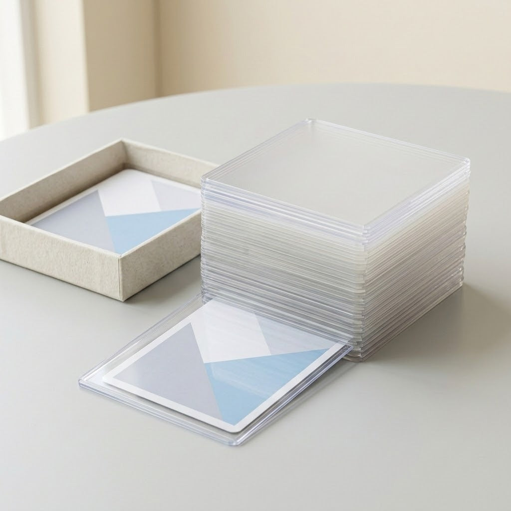 A stack of clear plastic card sleeves with a sample card featuring a geometric pattern in light blue, white, and gray, displayed next to an open beige box on a light gray table.