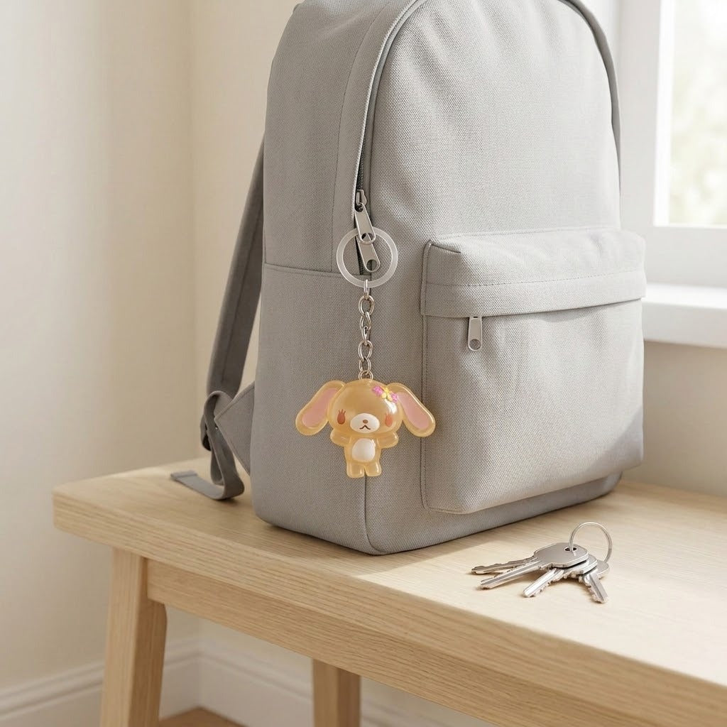 A light gray canvas backpack sits on a wooden table near a window, with a small tan plush bunny keychain hanging from the zipper ring and a set of keys on the table beside it.