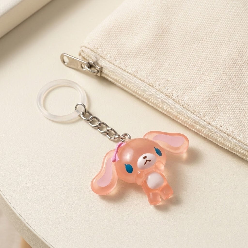 A pastel pink translucent bunny keychain with blue eyes and a small silver chain, shown resting on a cream-colored surface next to a canvas zip pouch.