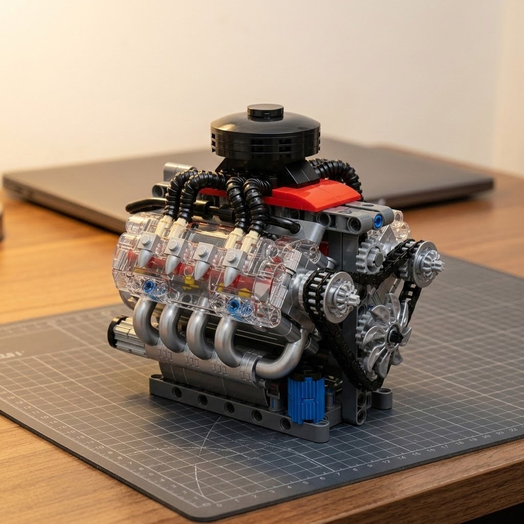 A plastic V8 engine model kit with transparent cylinder housings, silver pipes, and a red panel, sitting on a gray cutting mat.