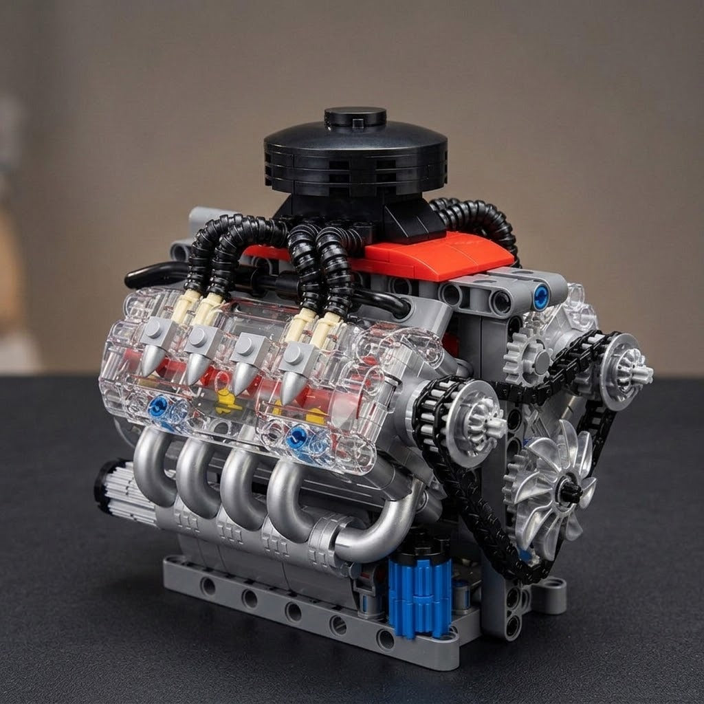 A motorized V8 engine model kit built from gray and silver plastic pieces with clear housings, shown against a soft warm backdrop.