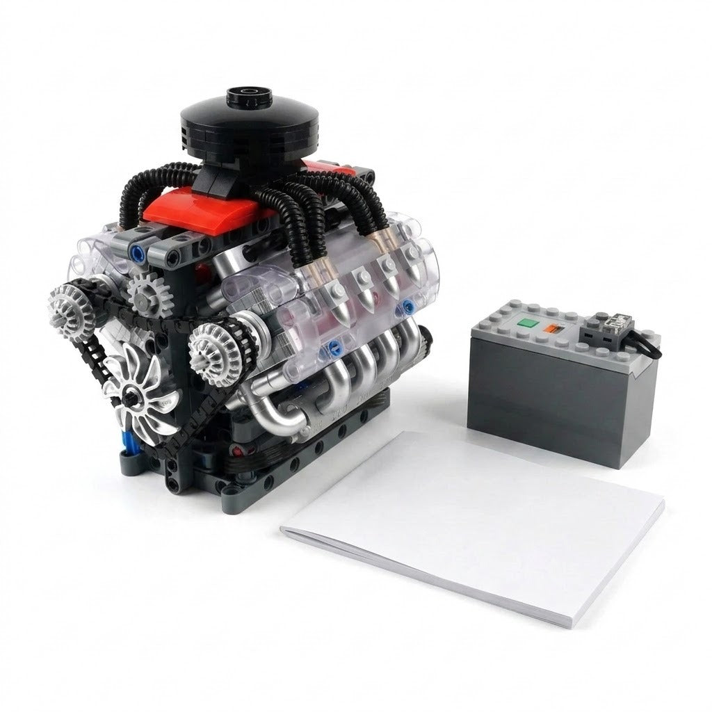 A V8 engine model kit with its battery box and paper instruction booklet, displayed on a plain white studio background.