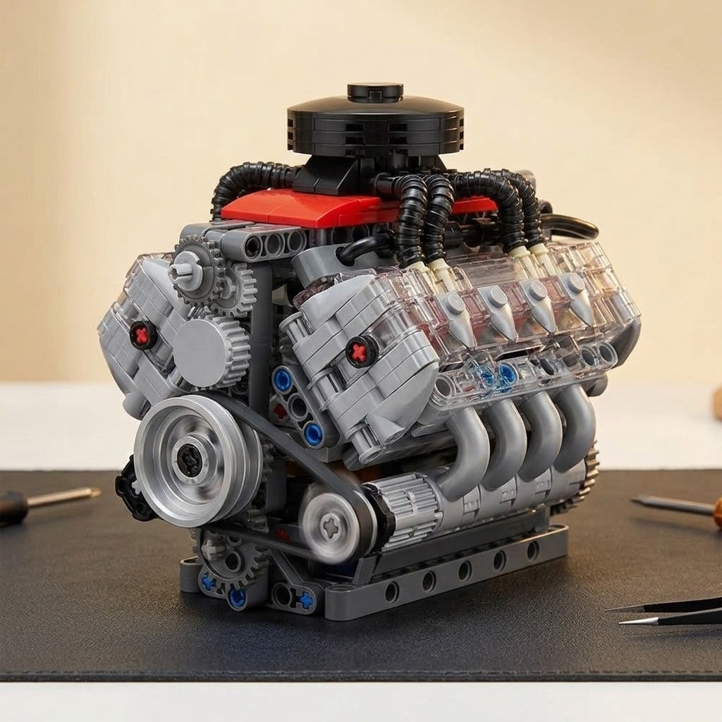 A V8 engine model kit with a silver belt and pulleys, sitting on a dark work mat against a plain light wall.
