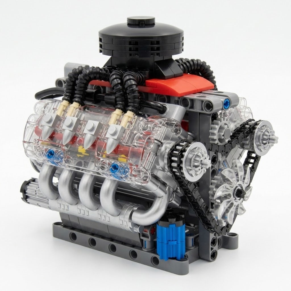A plastic V8 engine model kit with transparent housings, black hoses, and a red top panel on a plain white background.