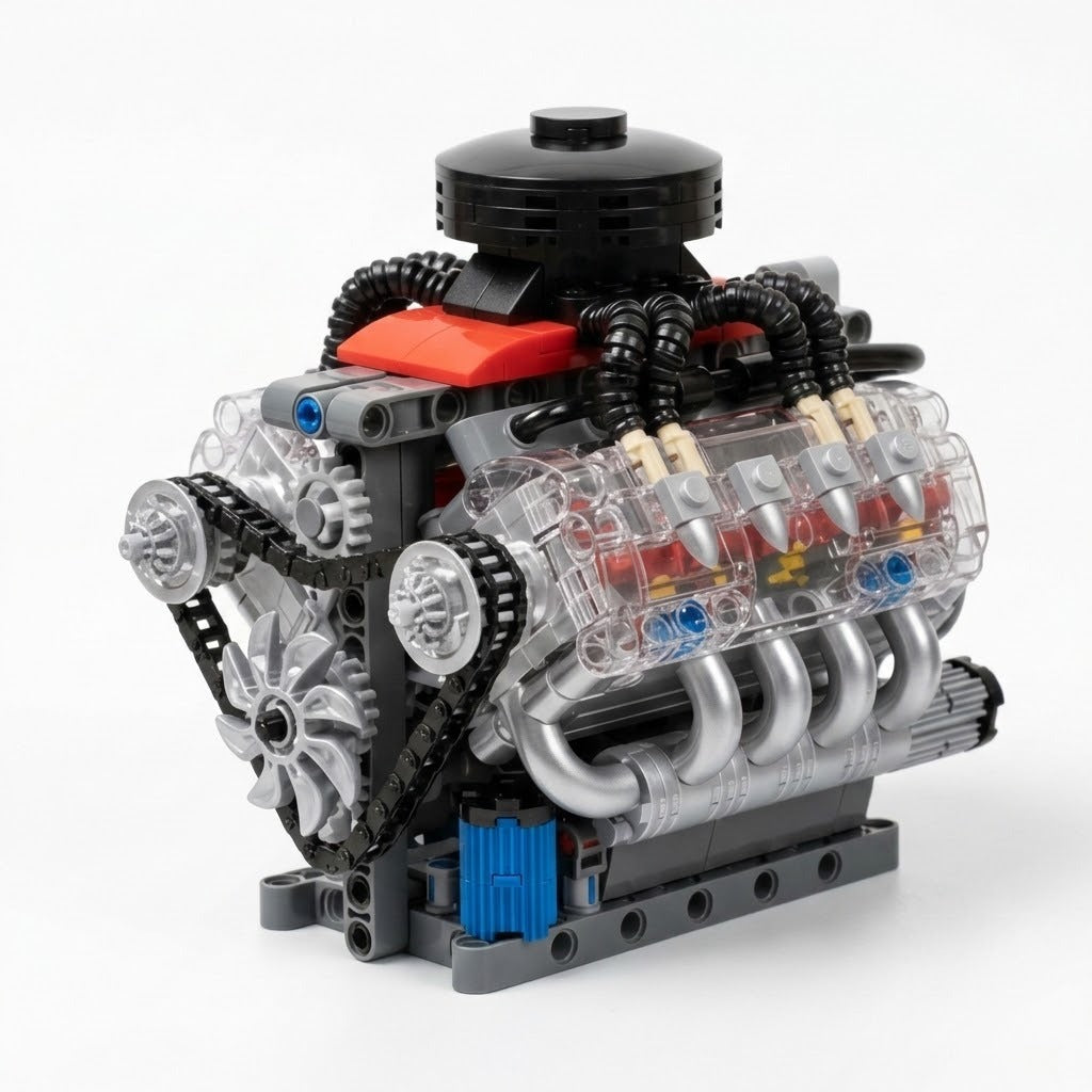 Plastic V8 engine model kit displays black chains, gray pulleys, a front fan, and clear cylinder covers against a white background.