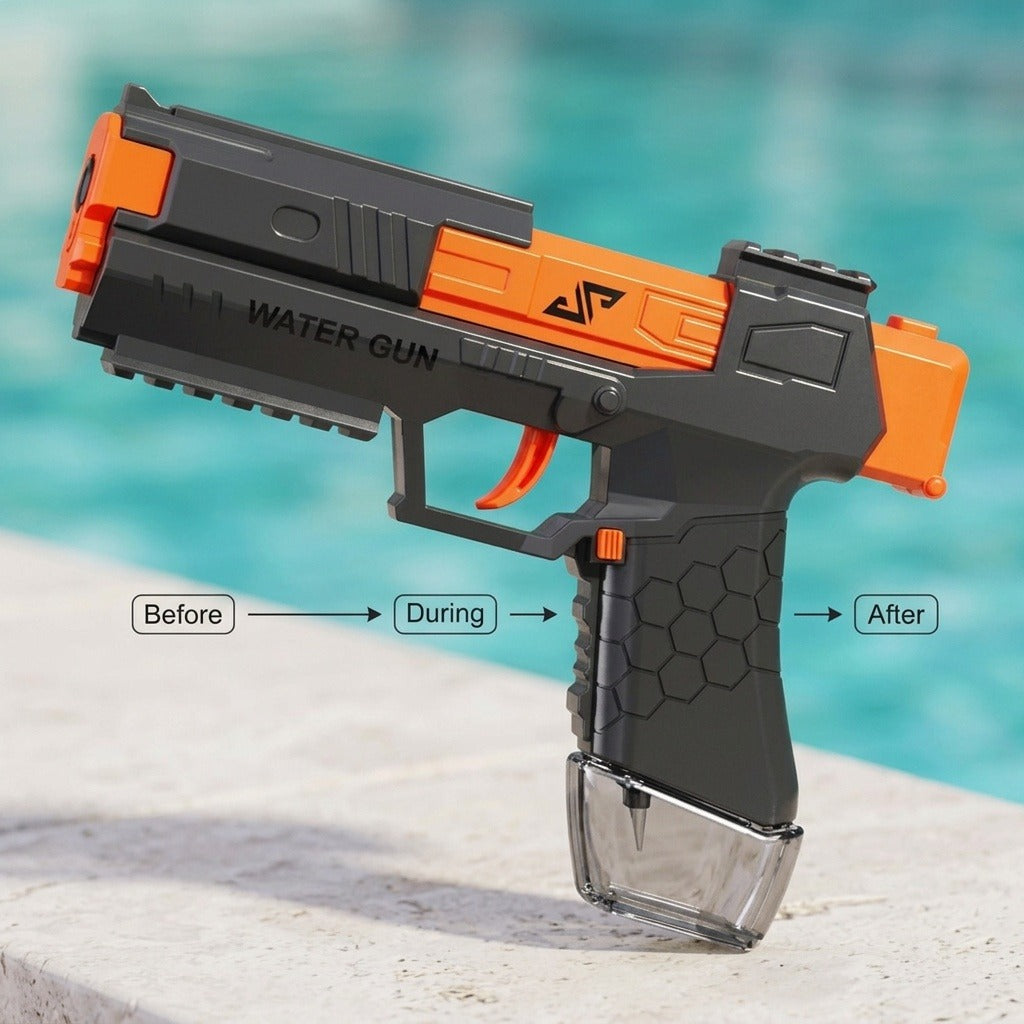 Black and orange water squirt gun stands beside a pool with arrows connecting the labels Before, During, and After.