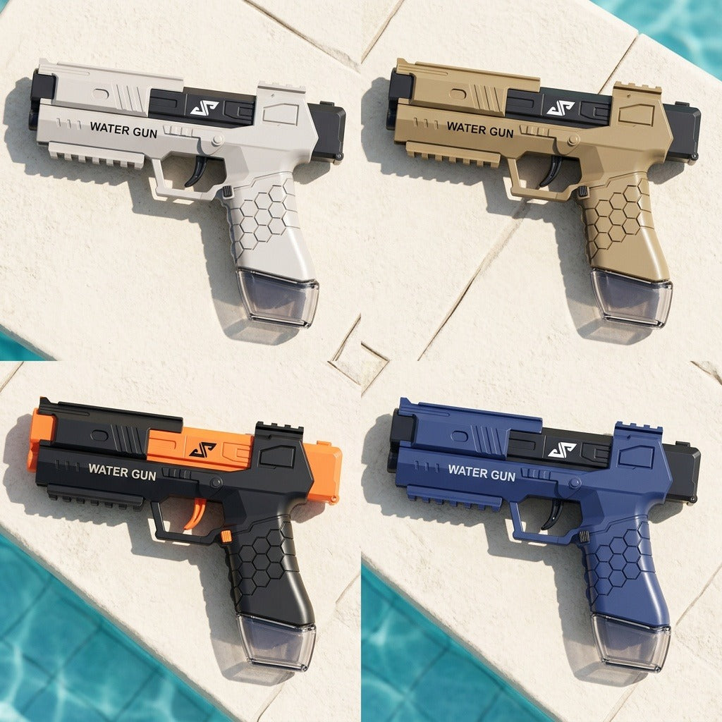 White, tan, black and orange, and blue water guns lie on pale stone tiles beside turquoise pool water.
