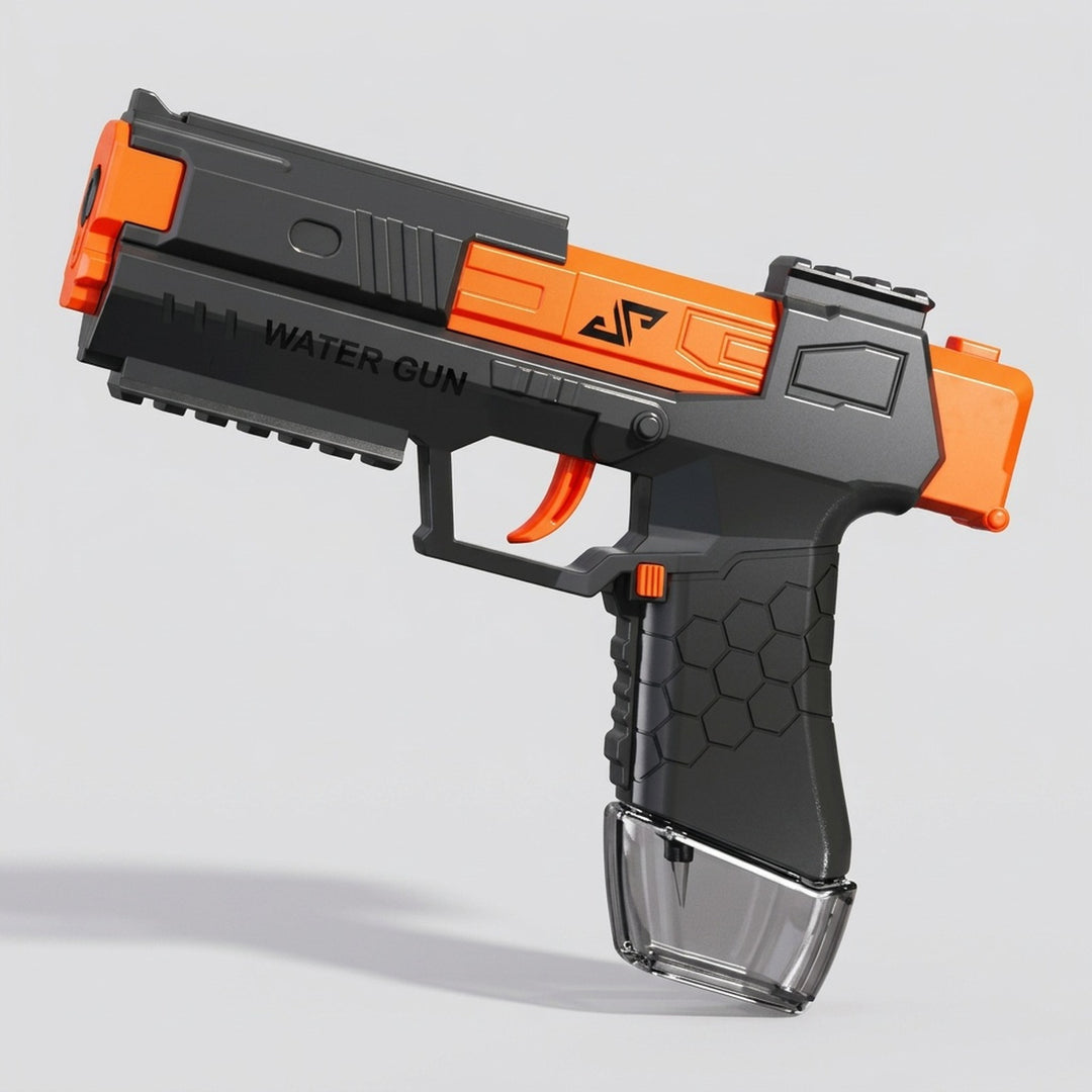 A black and orange water gun with a hexagonal grip pattern and transparent base stands against a light gray background.