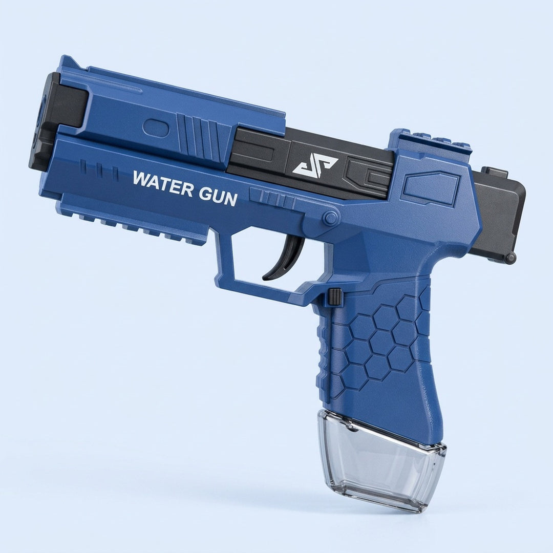A blue and black water gun with a hexagonal grip pattern and transparent base stands against a pale blue background.