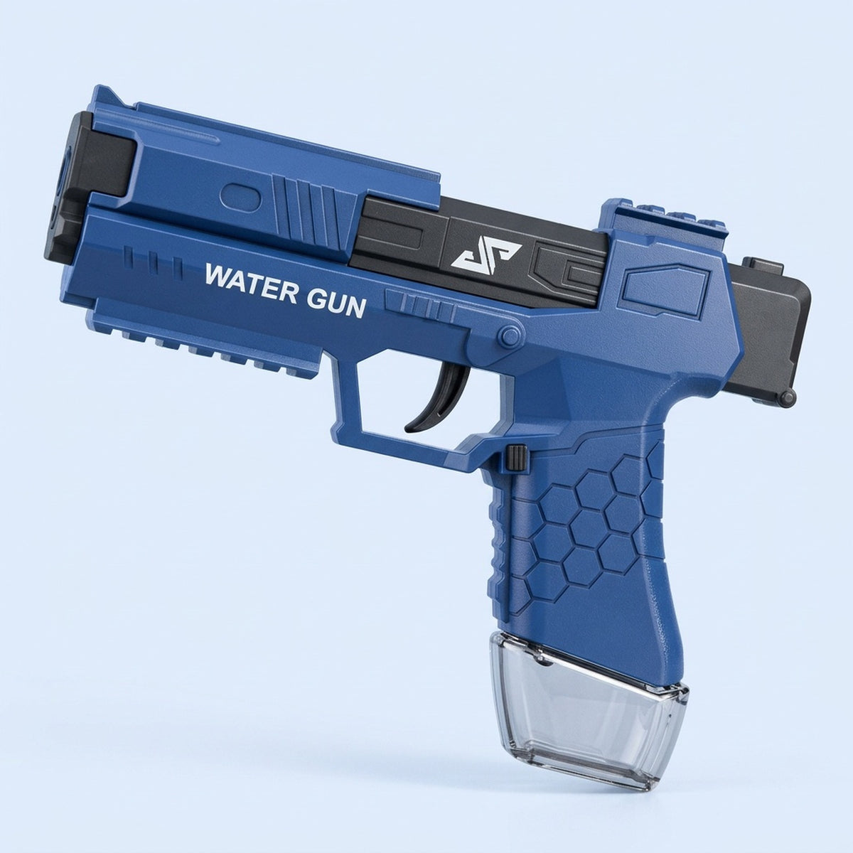 A blue and black water gun with a hexagonal grip pattern and transparent base stands against a pale blue background.