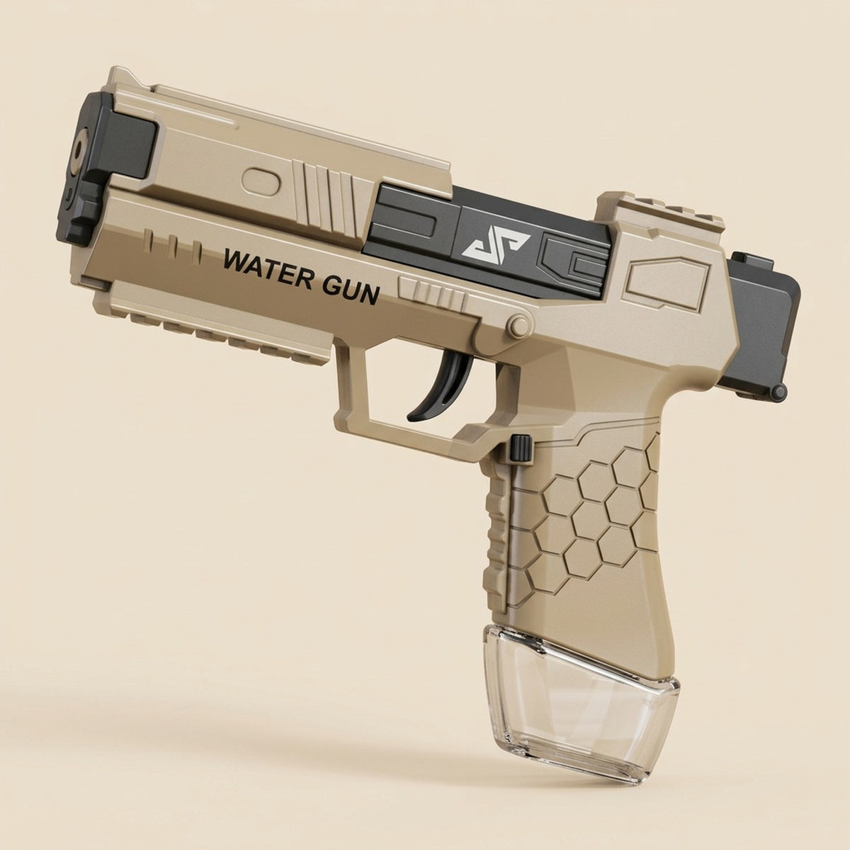 A tan and black water gun with a hexagonal grip pattern and transparent base stands against a beige background.