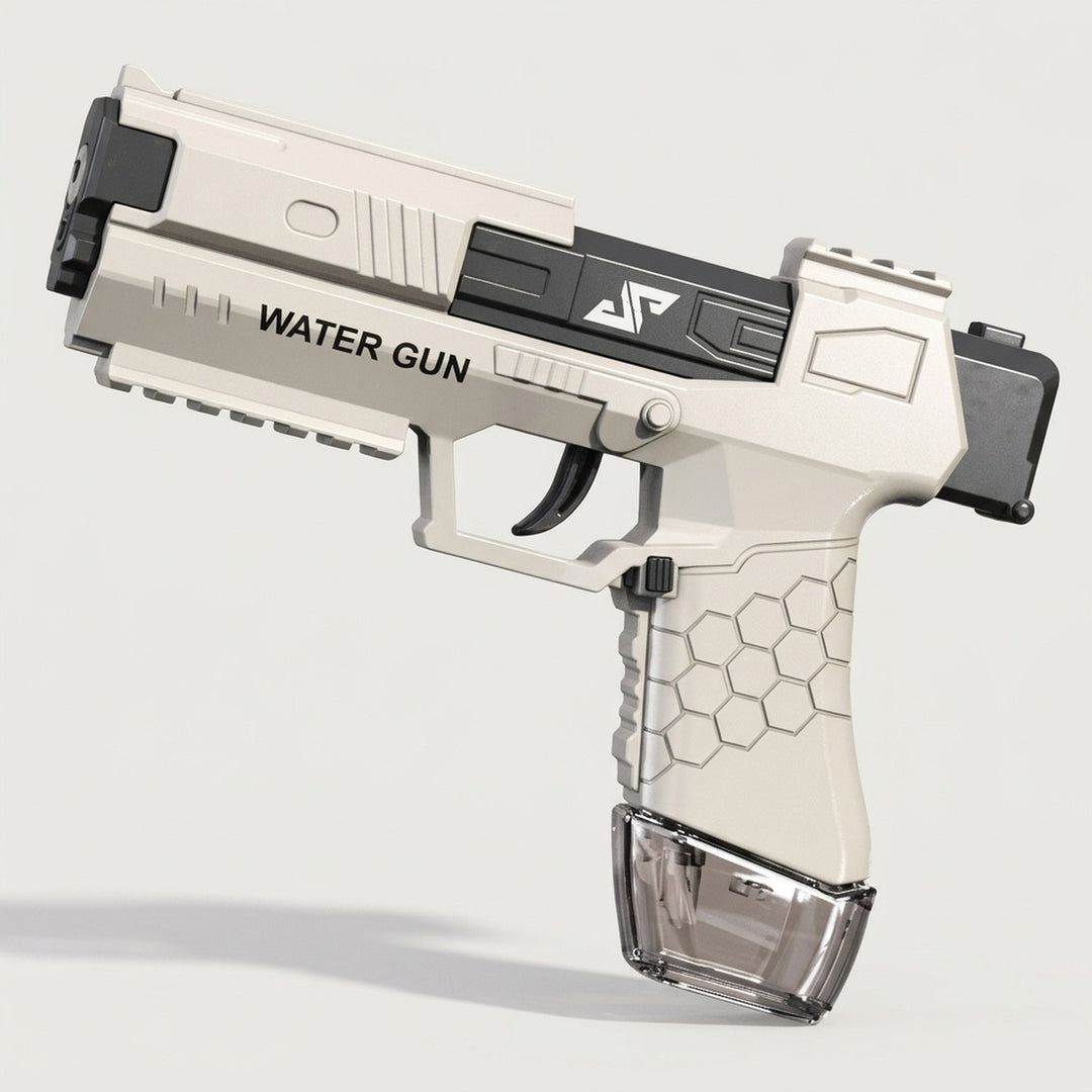 A white and black water gun with a hexagonal grip pattern and transparent base stands against a light gray background.