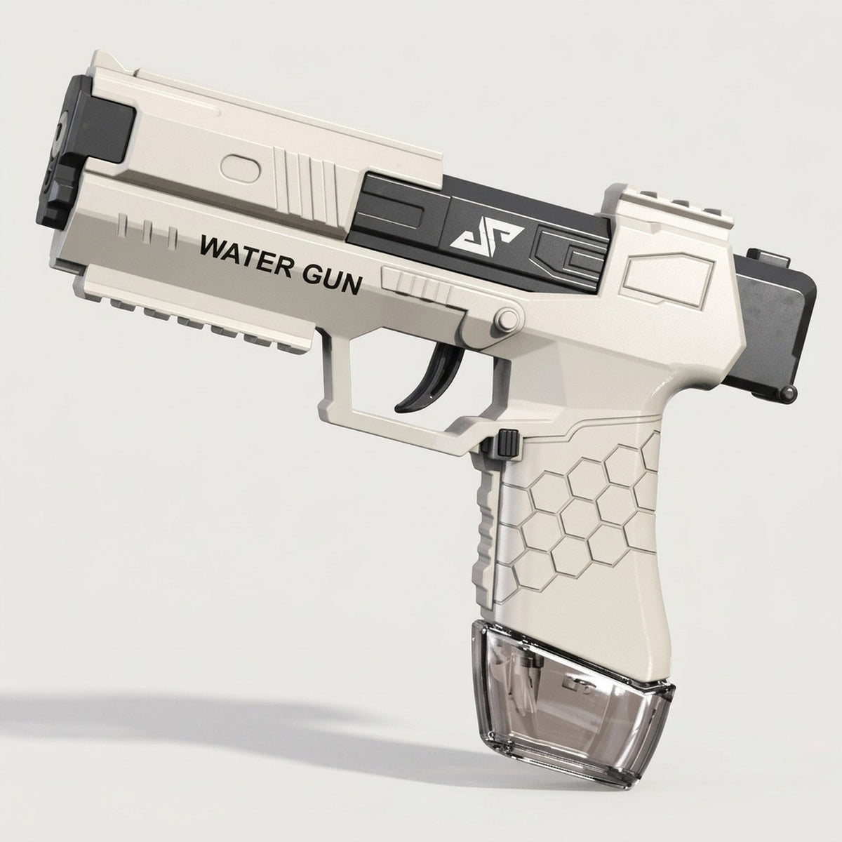 A white and black water gun with a hexagonal grip pattern and transparent base stands against a light gray background.