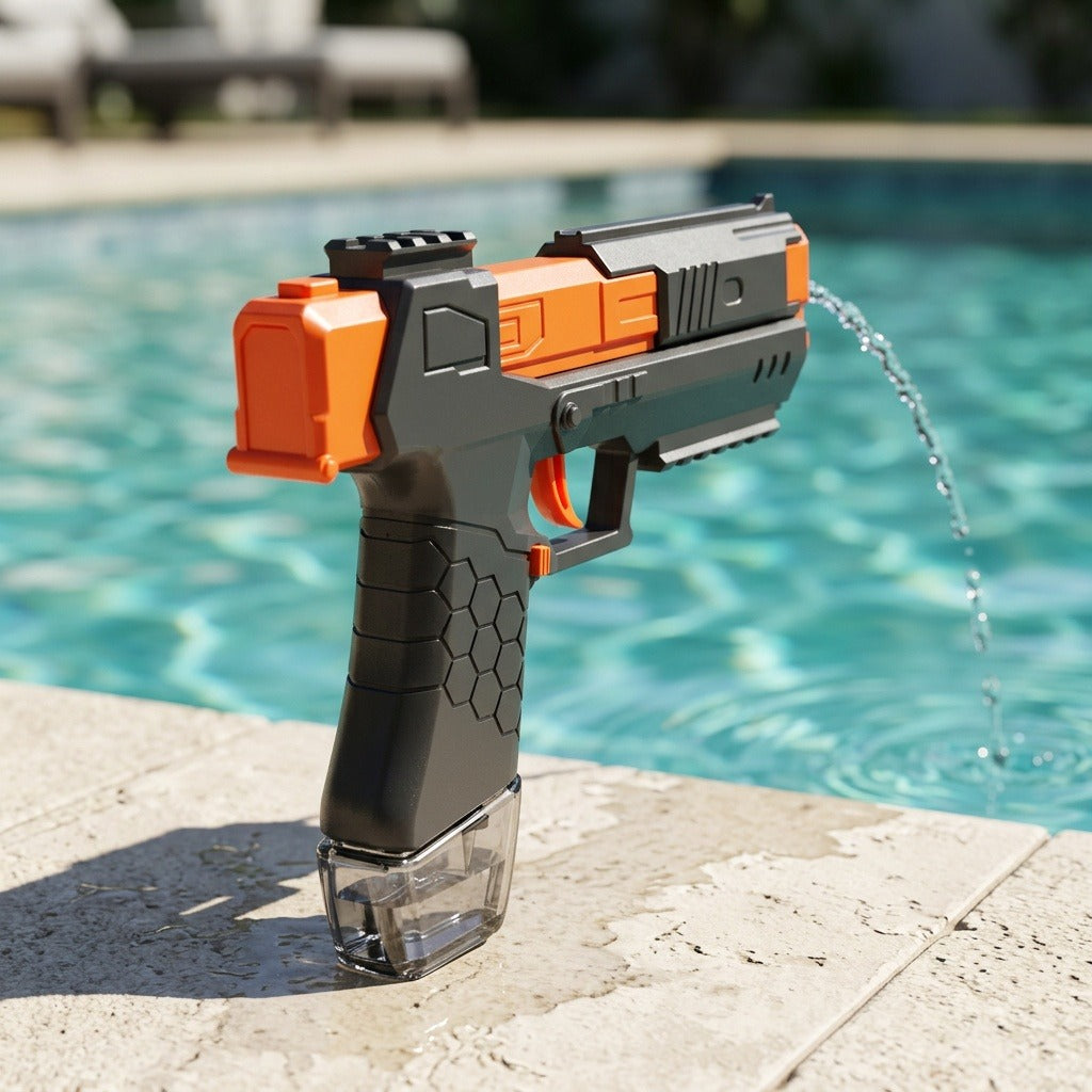 Black and orange water squirt gun stands on a sunlit poolside ledge, releasing an arcing stream toward the right.