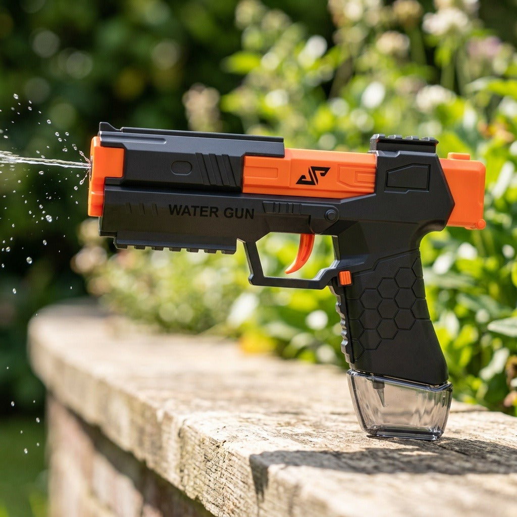 Black and orange water squirt gun sprays water leftward from a sunlit stone garden ledge against blurred green foliage.