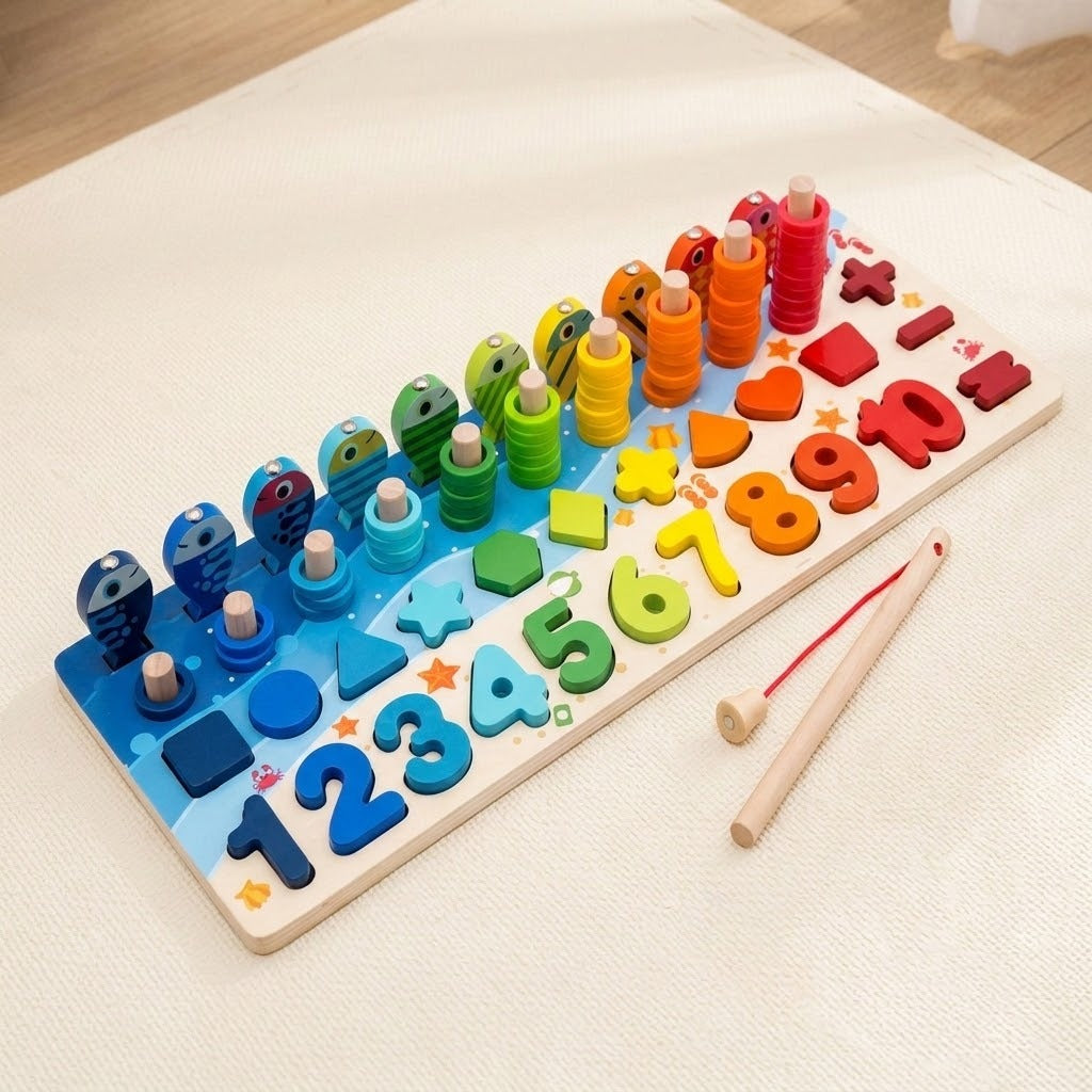 Wooden activity board with rainbow numbers, shapes, stacking rings, fish pieces, and a fishing rod rests on a cream rug.