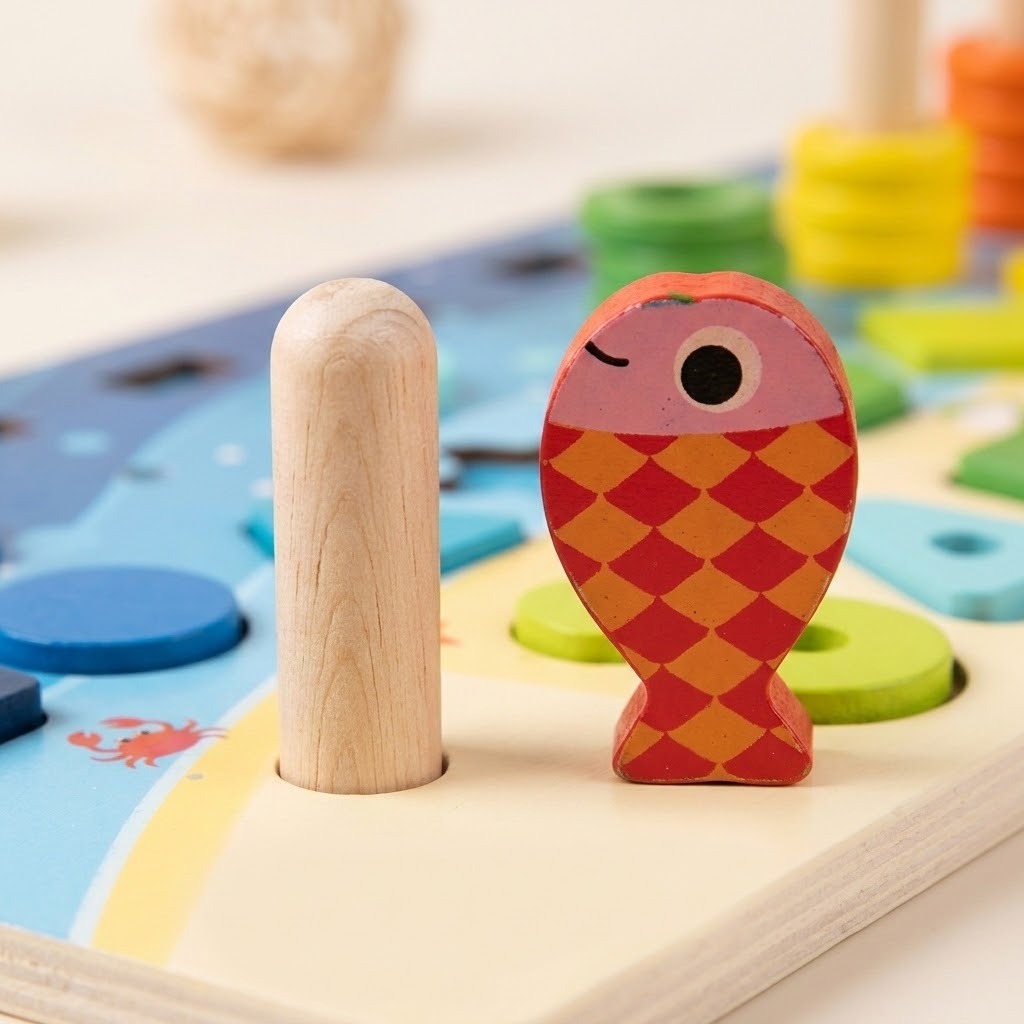 Wooden activity board close-up showing a red and orange fish beside a rounded peg, with colorful rings and pieces behind.