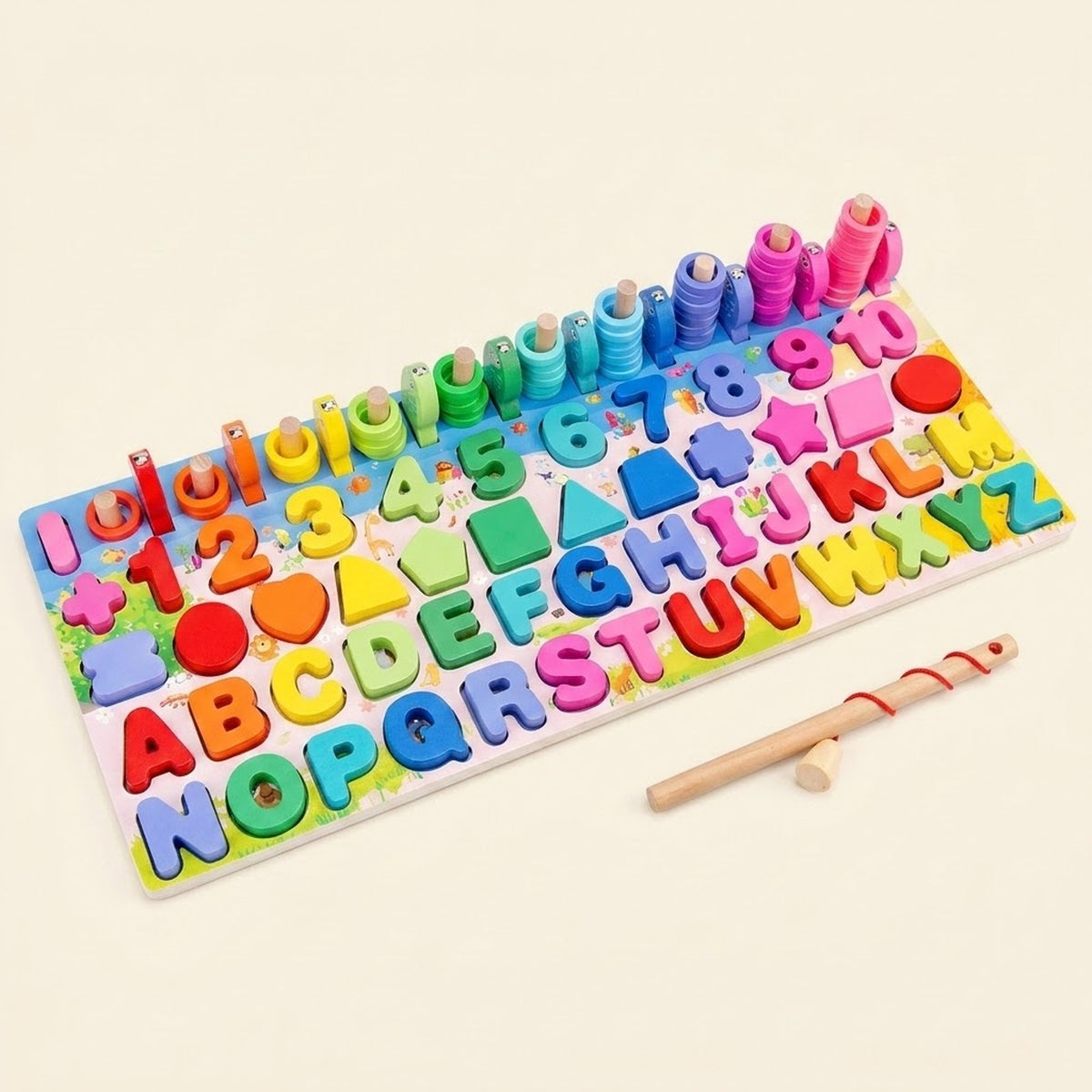 Wooden activity board with rainbow alphabet letters, numbers, shapes, stacking rings, fish, and a fishing rod on a cream background.