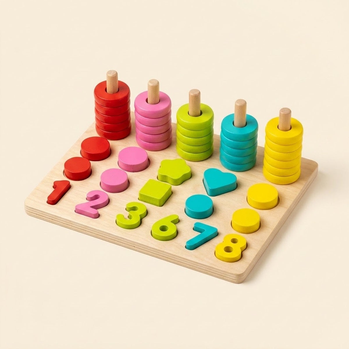 Wooden activity board with red, pink, green, turquoise, and yellow counting rings, matching shapes, and number pieces on a cream background.