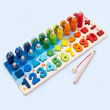Wooden activity board with rainbow numbers, geometric shapes, stacking rings, upright fish, and a fishing rod on a pale blue background.