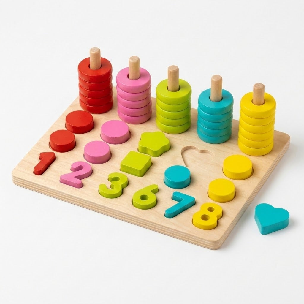 Wooden activity board with colorful ring stacks, shapes, and numbers, with a turquoise heart beside its empty slot on a white background.