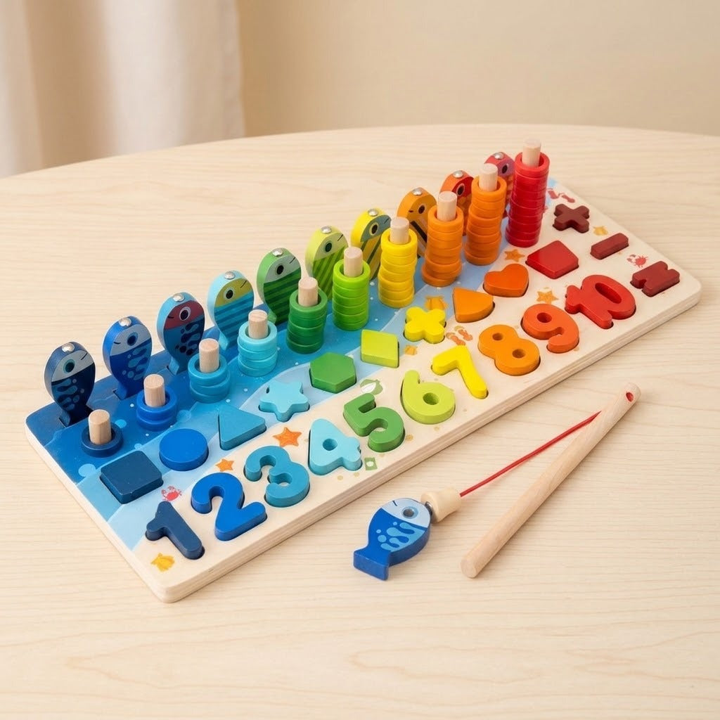 Wooden activity board with rainbow numbers, shapes, stacking rings, upright fish, and a fishing rod on a pale wooden table.