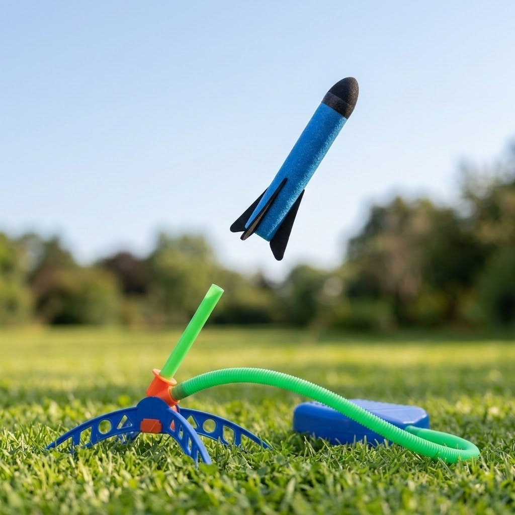 Rocket launcher toy on a sunny lawn with a blue foam rocket airborne above its green launch tube and blue foot pump.
