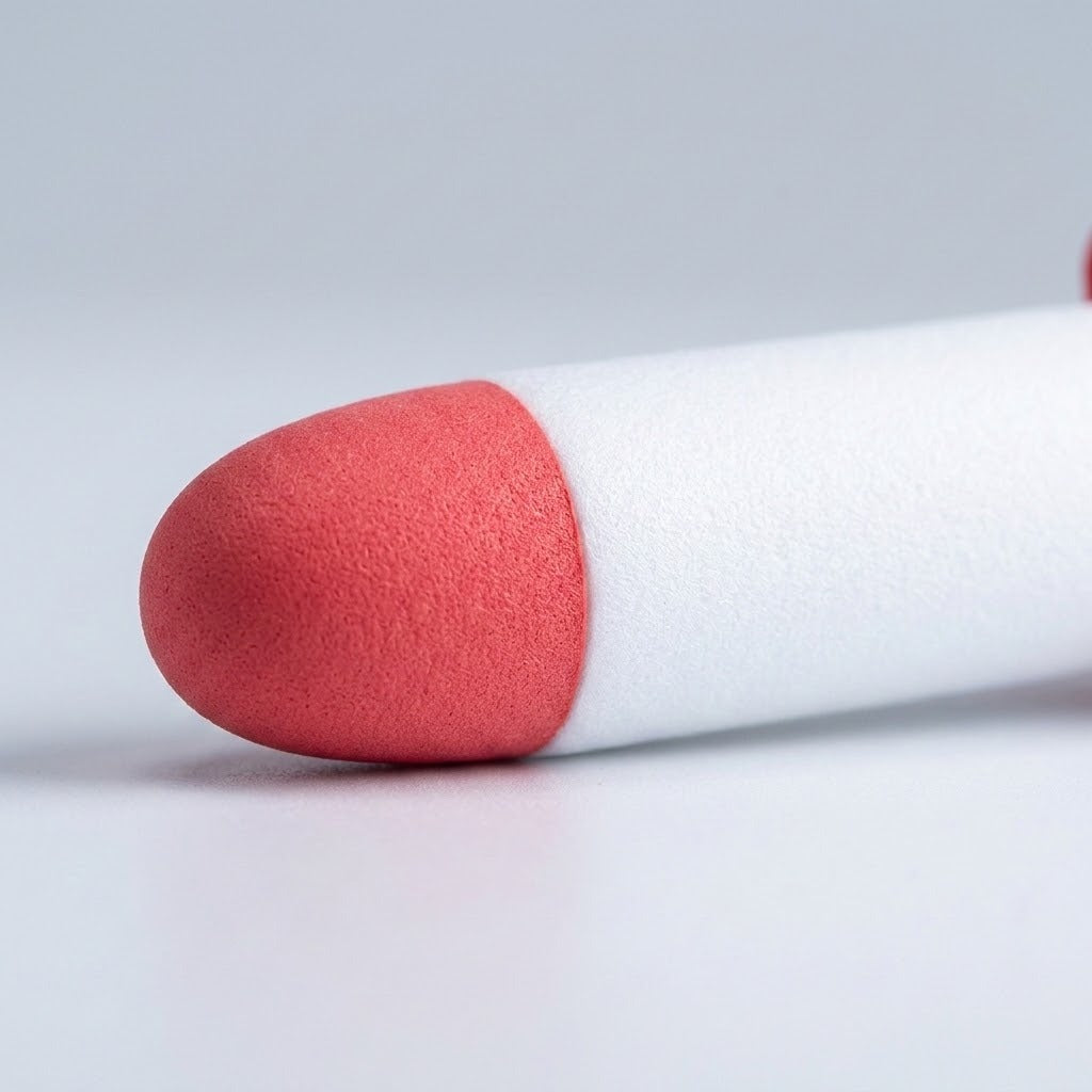 Close-up of a rocket launcher toy projectile showing its rounded red foam tip and white body on a pale surface.