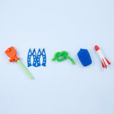 Disassembled launcher-and-1-rocket set of a rocket launcher toy laid out on a pale background, including blue legs, green hose, blue pump, and one red-and-white foam rocket.