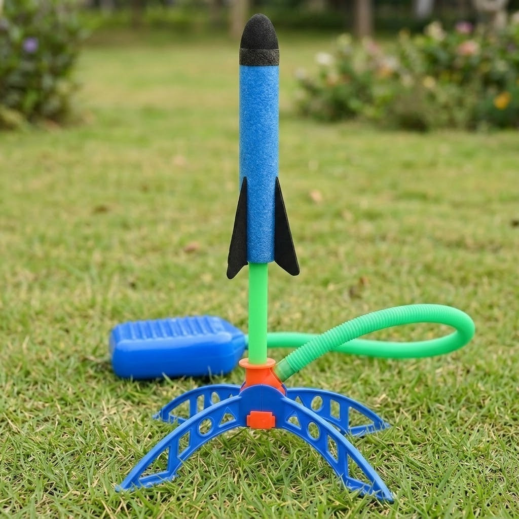 Rocket launcher toy on grass with a blue foam rocket upright on a green tube, blue stand, foot pump and green hose.