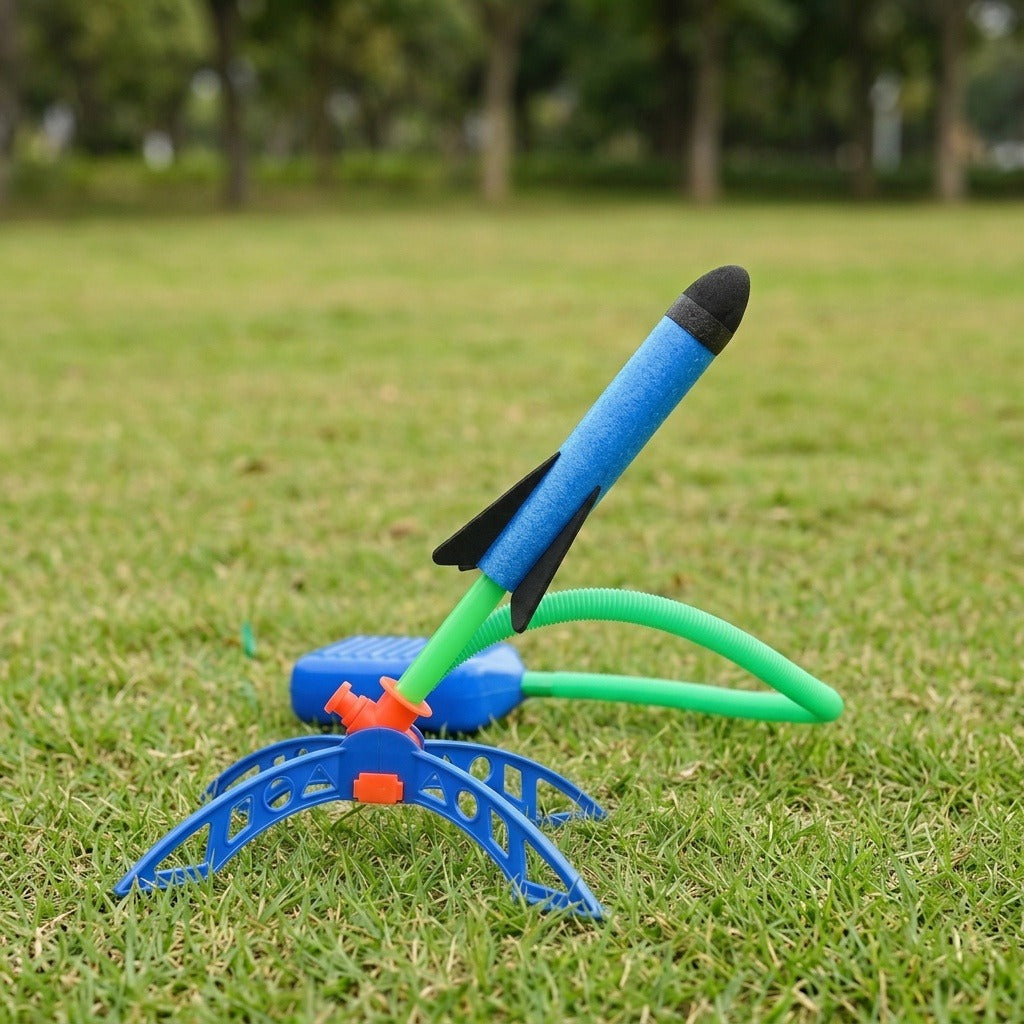 Rocket launcher toy on grass with a blue foam rocket tilted right, green launch tube, orange joint, blue stand and foot pump.