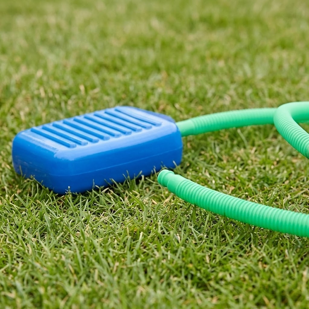 The blue foot pump and green hose of a rocket launcher toy resting on green grass.