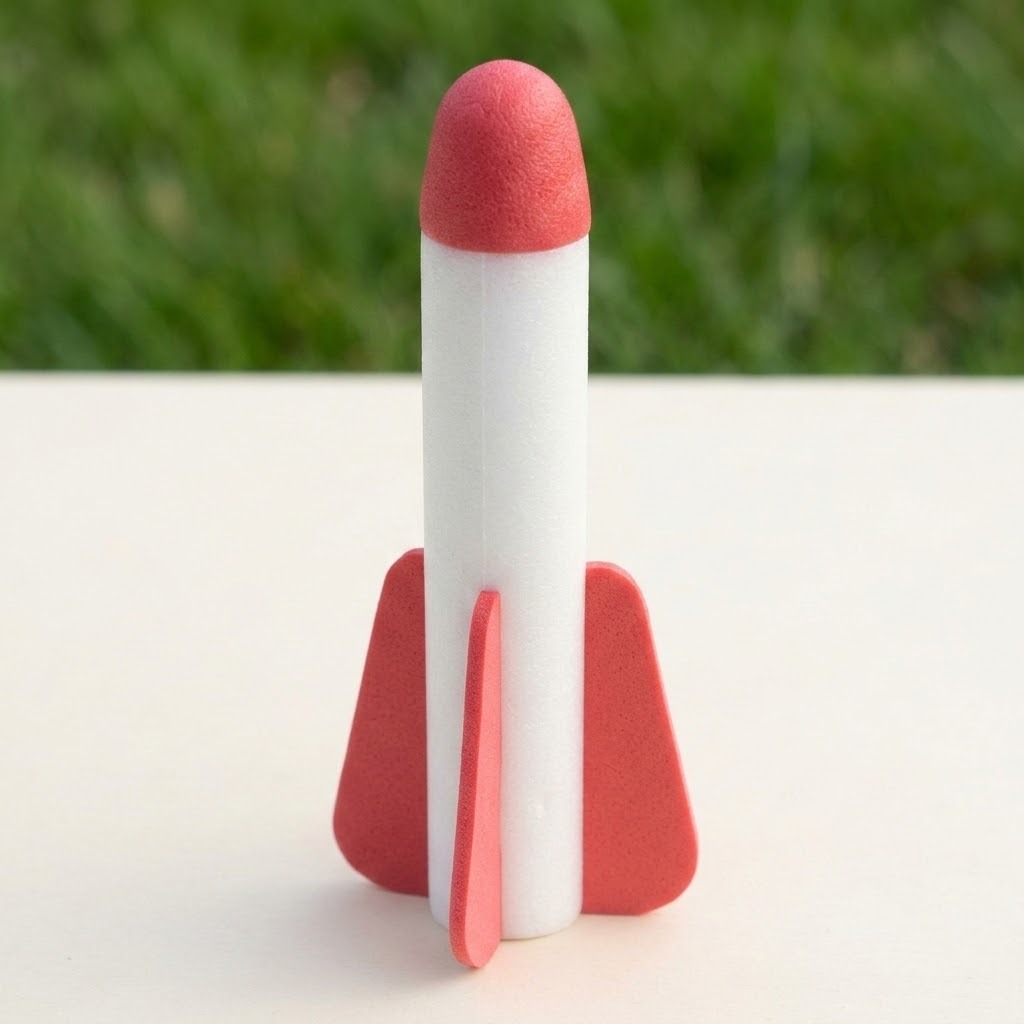 White EVA foam rocket with a red tip and red fins from a rocket launcher toy set on a cream surface with blurred green foliage.