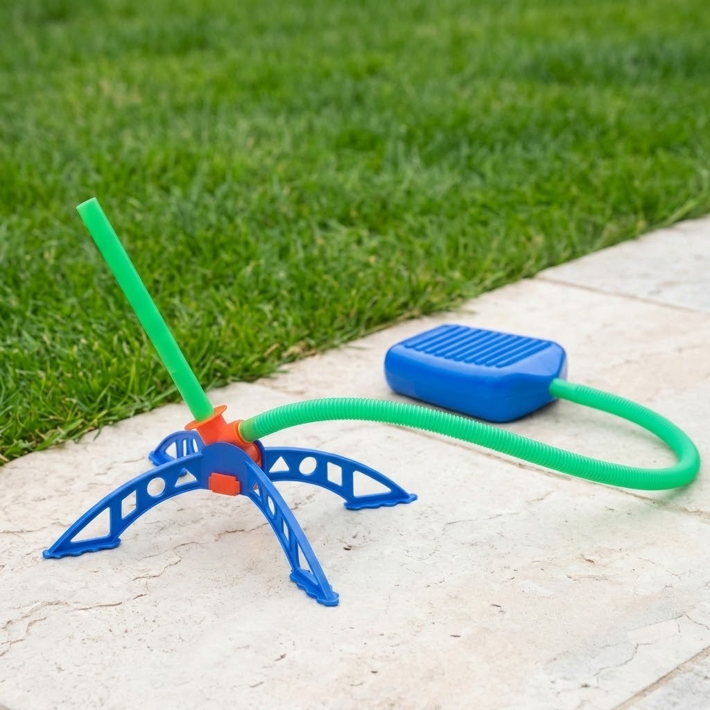 Kids' rocket launcher toy with green launch tube, blue adjustable-angle base and blue foot pump sitting on paving beside green grass.