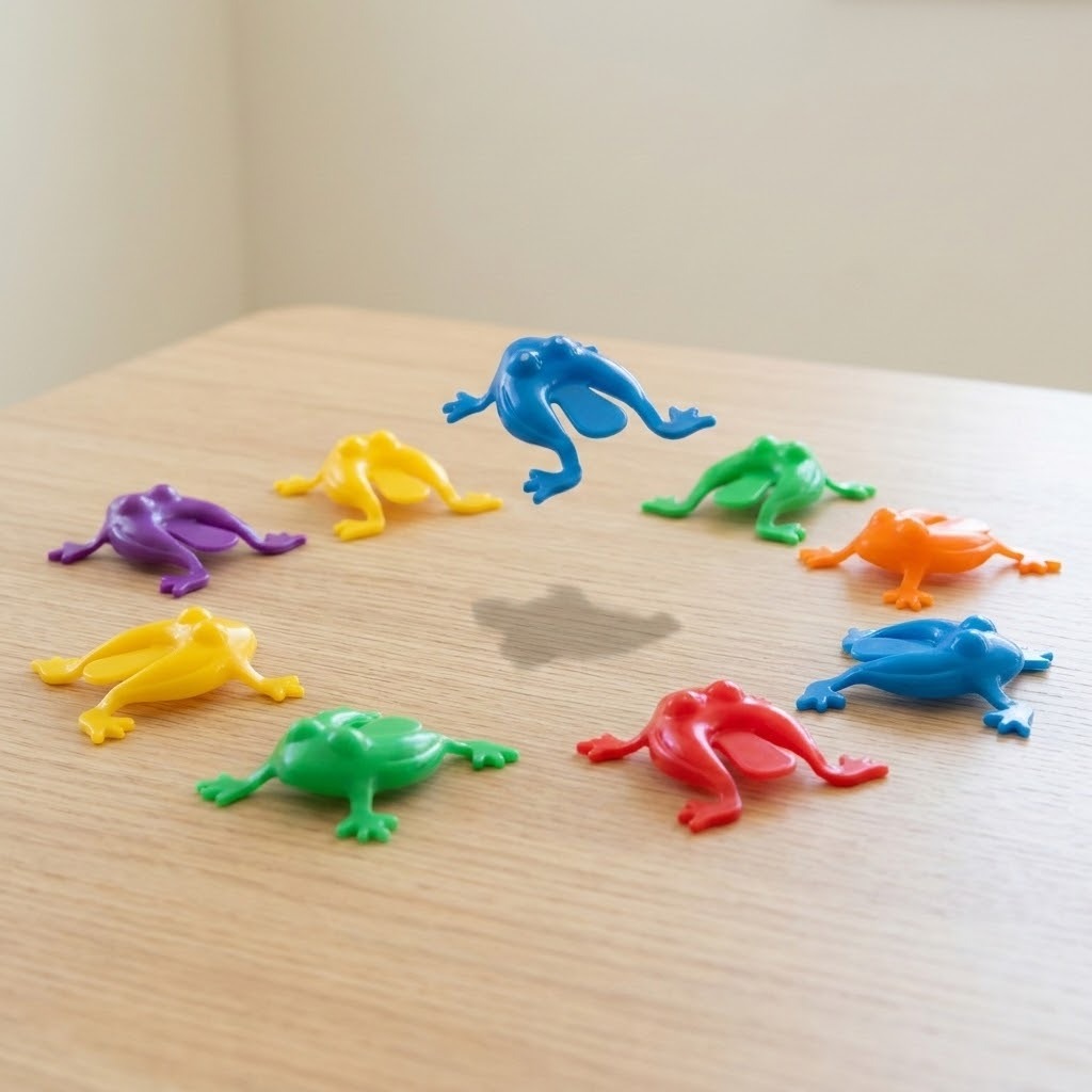 Colorful plastic jumping frog toys surround a blue frog suspended above a light wooden tabletop.