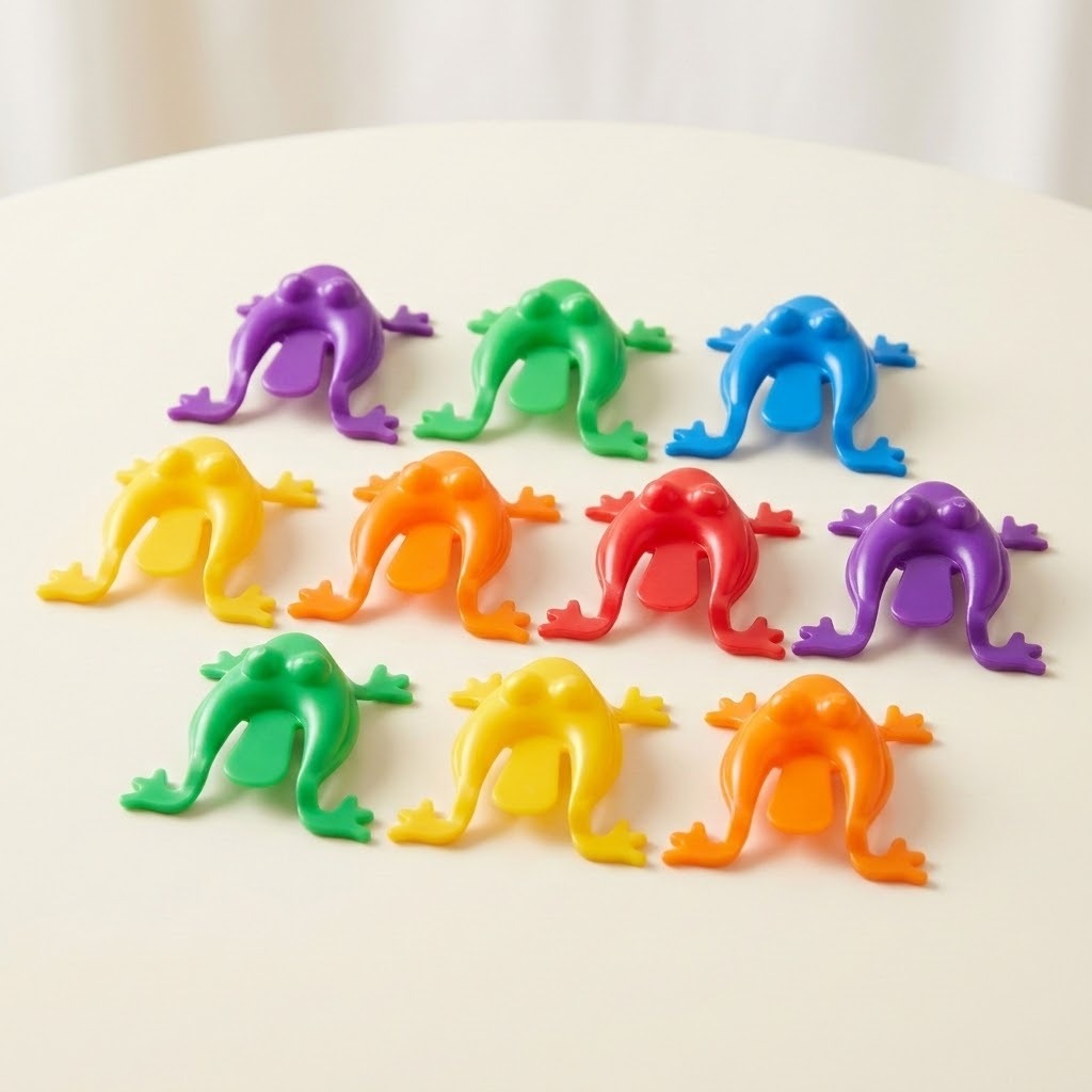 Ten colorful plastic jumping frog toys sit in three rows on a cream tabletop with their rear pressing tabs visible.