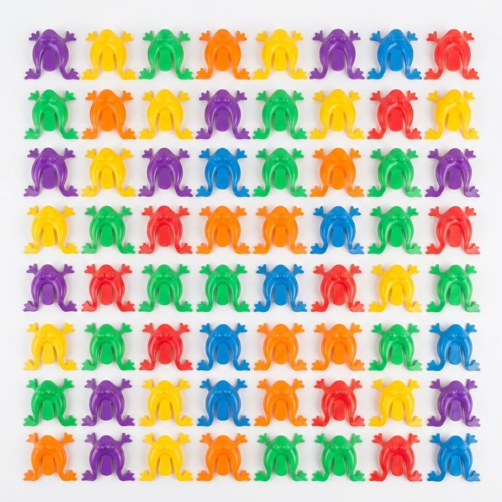 Multicolored plastic jumping frog toys form an eight-by-eight grid on a white background, viewed from above.