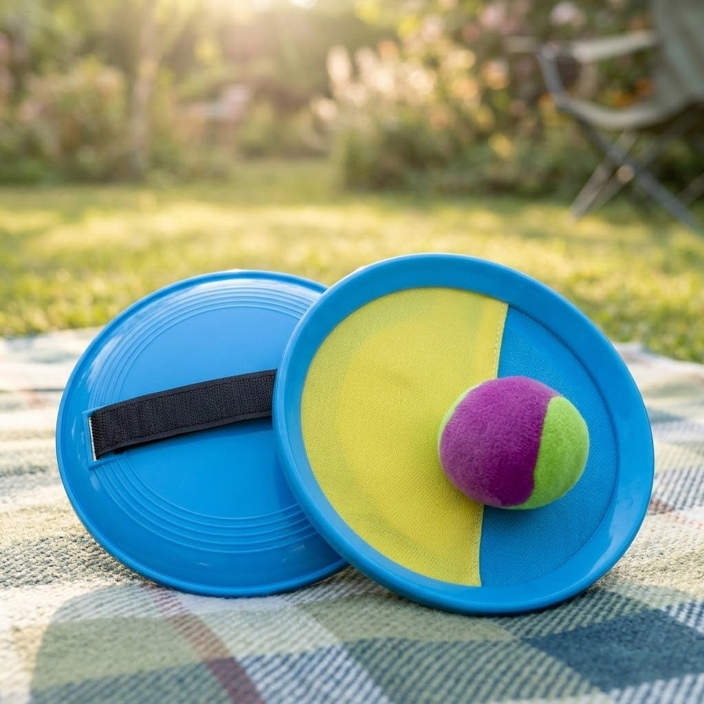A catch game set with blue paddles, a yellow-and-blue cloth face, black strap, and purple-and-green ball rests on patterned fabric outdoors.